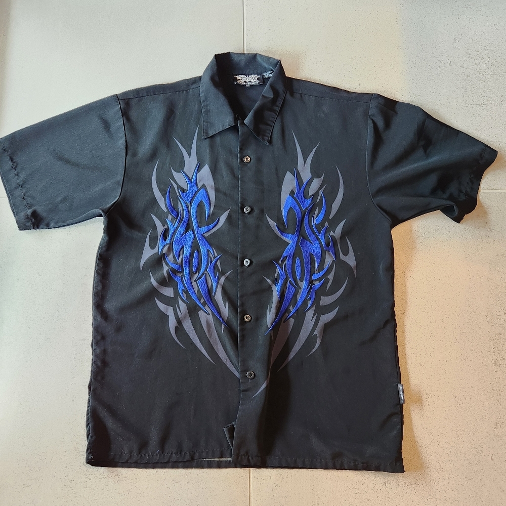 Dragonfly Mens Vintage Rockabilly Black Blue Embroidered Flames Button Up XL